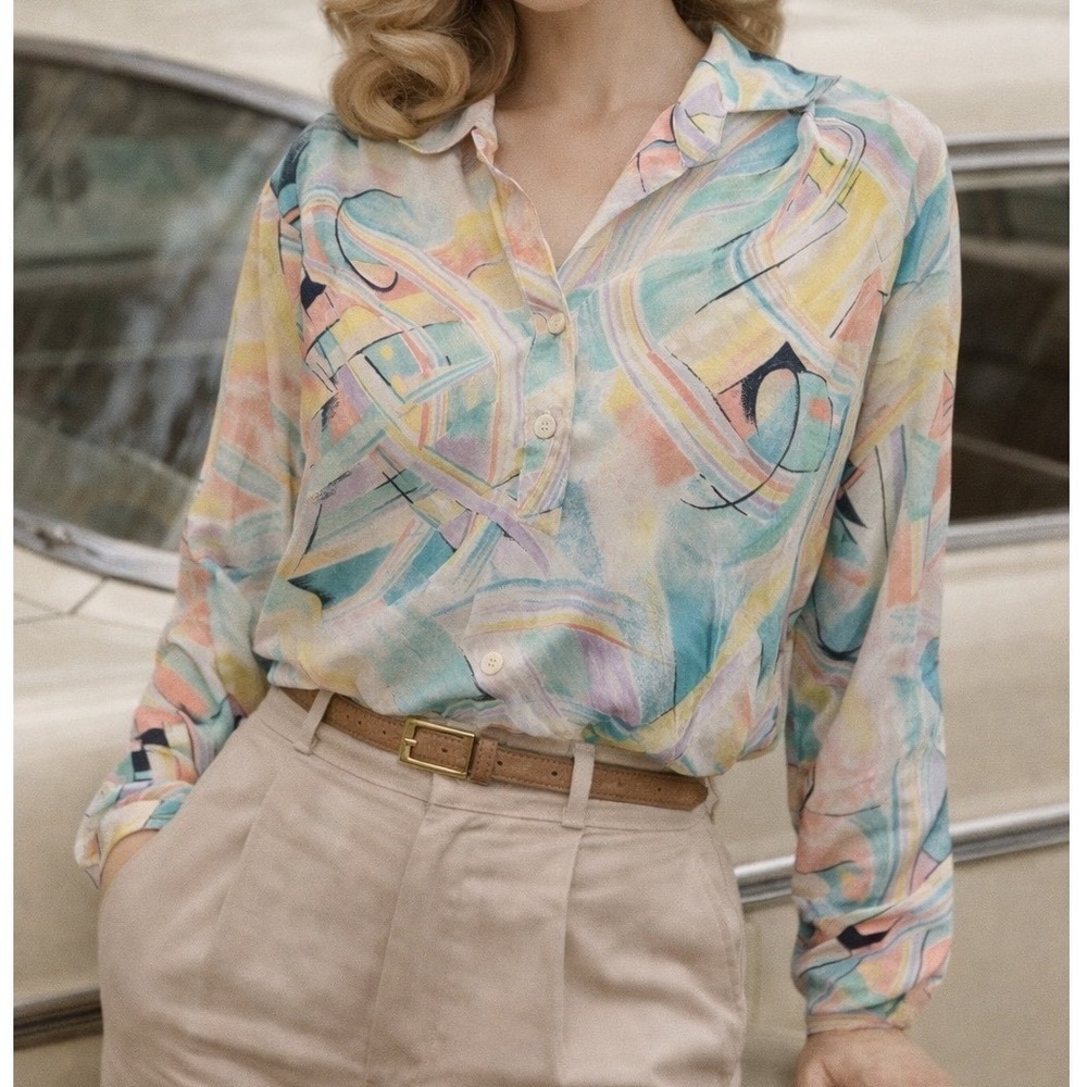 Vintage Blouse Pastel‎ Colorful Boho Silky Satin Abstract Retro Top Spring L